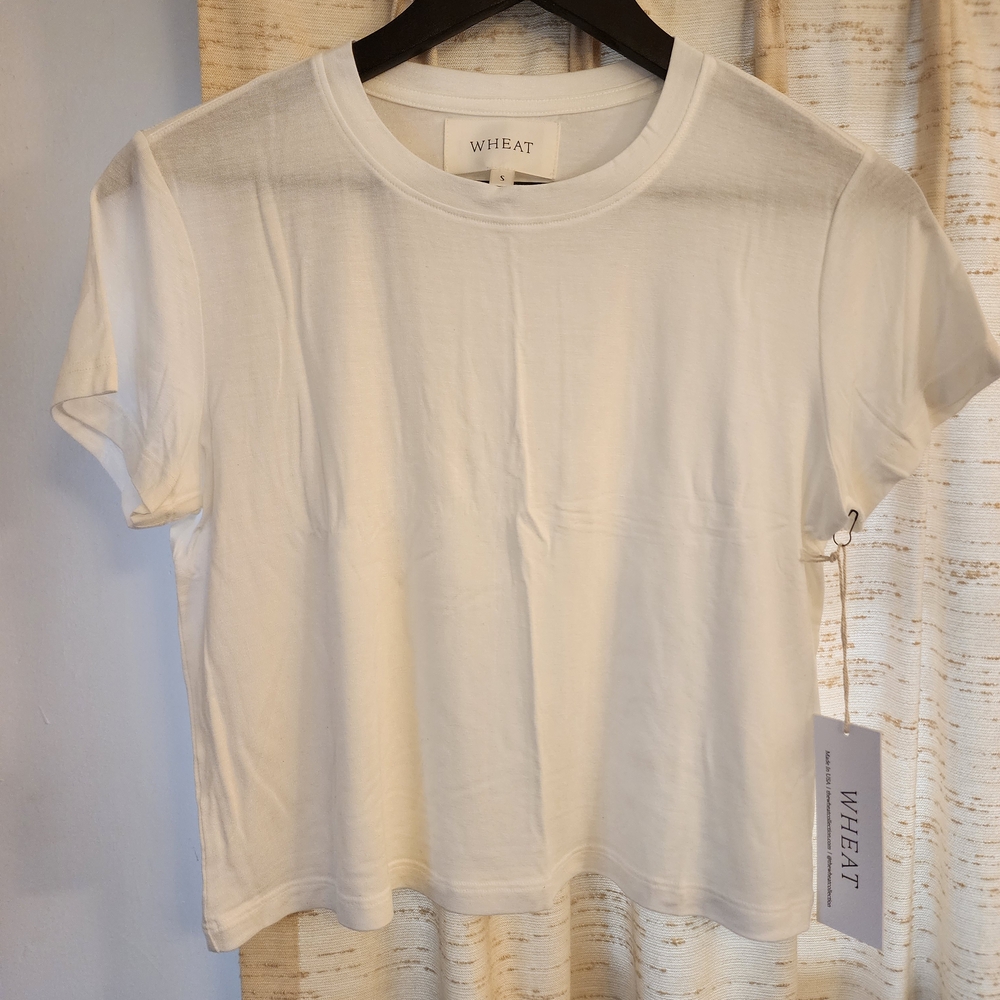WHEAT Luxury Women's White Short Sleeve Cropped Tee, NWT, MSRP 98, Small